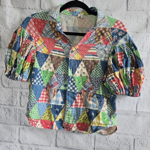 Vintage 90s Kidcore Bohemian Colorful Patchwork Vana Vana Crop Button Up Blouse - Picture 2 of 10